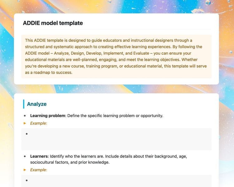 Craft Free Template: Addie model template in Craft showing instructions and analyze sections.