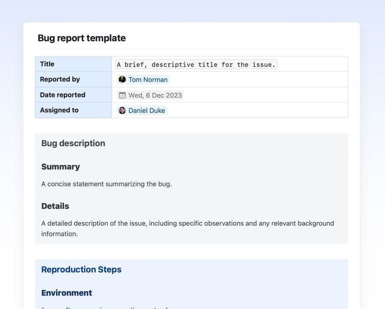 Bug report template in craft 