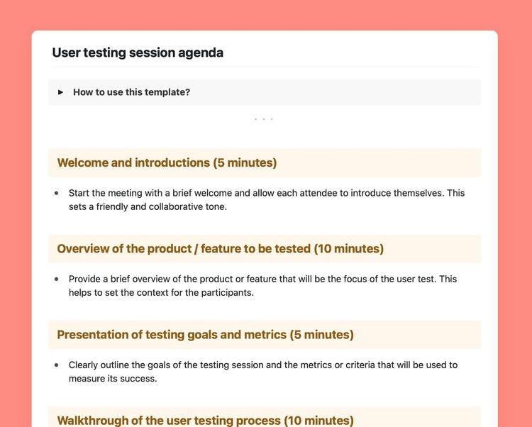 User testing session agenda template in Craft.