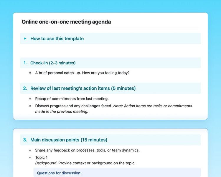 Craft Free Template: Online one-on-one meeting agenda template in Craft showing instructions, opening, followed by main discussion points.