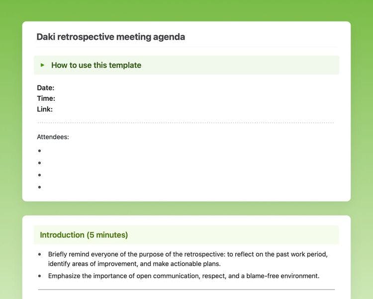 The Daki retrospective meeting agenda template followed by how to use it, date, time, link, attendees of the meeting