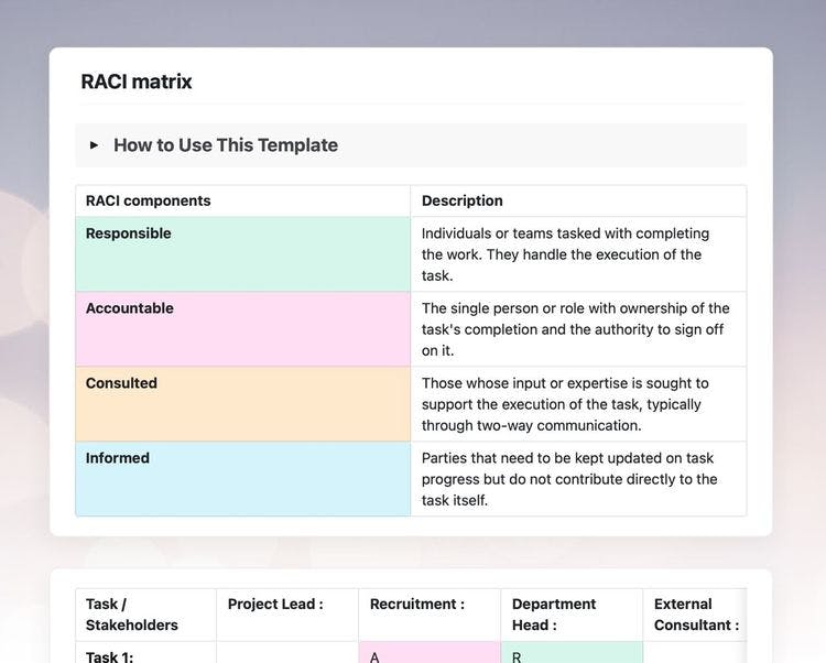 Craft Free Template: RACI matrix in craft