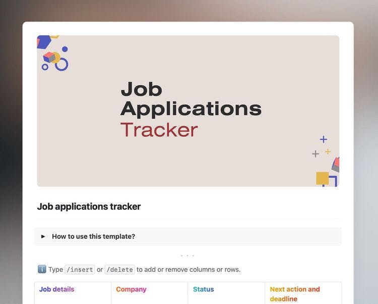 Job applications tracker template in Craft showing instructions and tracking table.