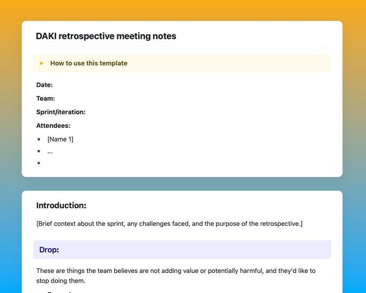 Craft Free Template: DAKI retrospective meeting notes in Craft showing information, the introduction, and the “drop” section.