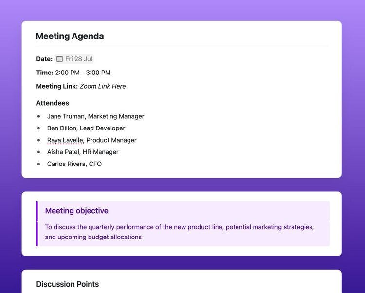 Meeting Agenda template in Craft