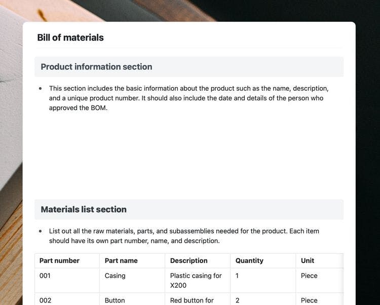 Craft Free Template: Bill of materials template in Craft.