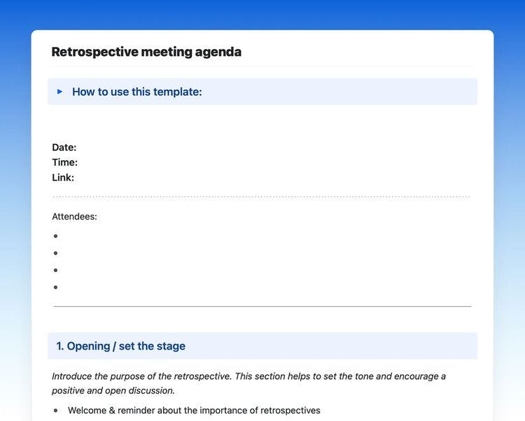 A retrospective meeting agenda template followed by how to use it, date, time, link, attendees of the meeting.