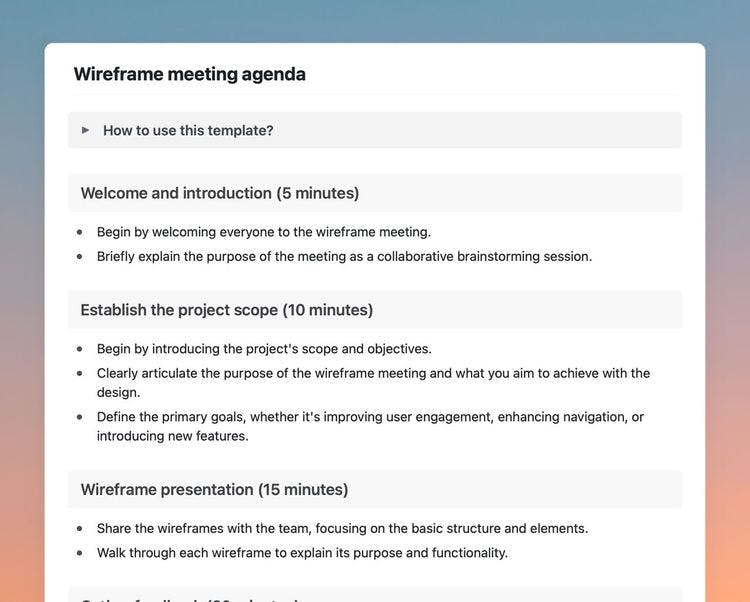 Wireframe meeting agenda template in Craft showing instructions, welcome, establish the project scope, and wireframe presentation sections.