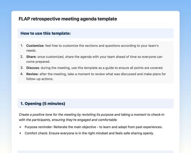 Craft Free Template: Flap retrospective meeting agenda in Craft showing instructions, opening, and gather data sections.