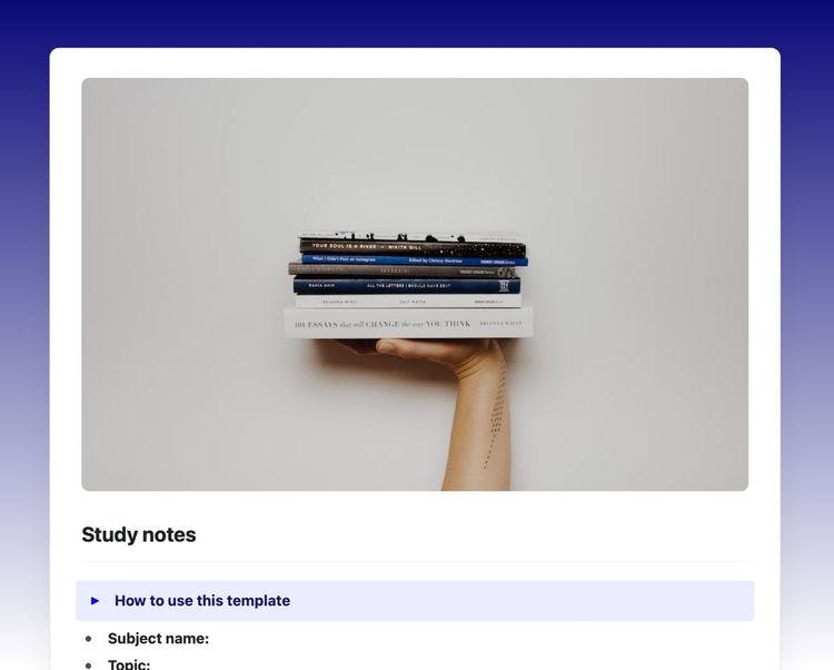 Screenshot of the Craft study notes template showing a cover image of someone holding a stack of books.