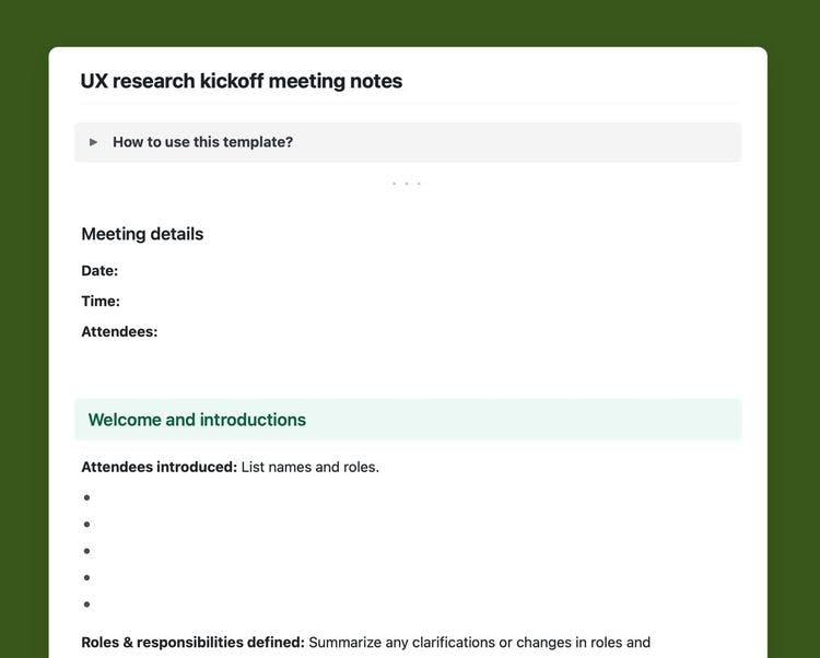 Craft Free Template: UX research kickoff meeting notes template in Craft.