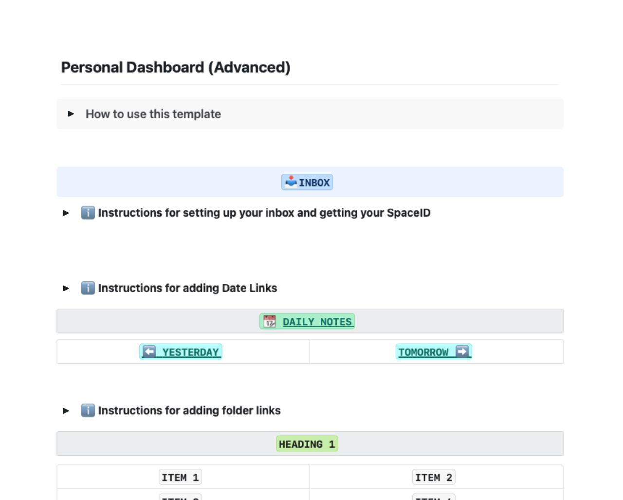 Screenshot of a personal dashboard template