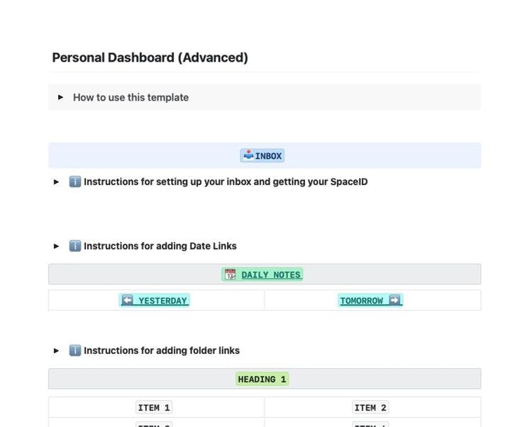 Craft Free Template: Screenshot of a personal dashboard template