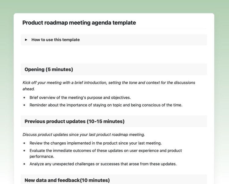 Product roadmap meeting agenda template in Craft showing instructions, opening, and product updates sections. 