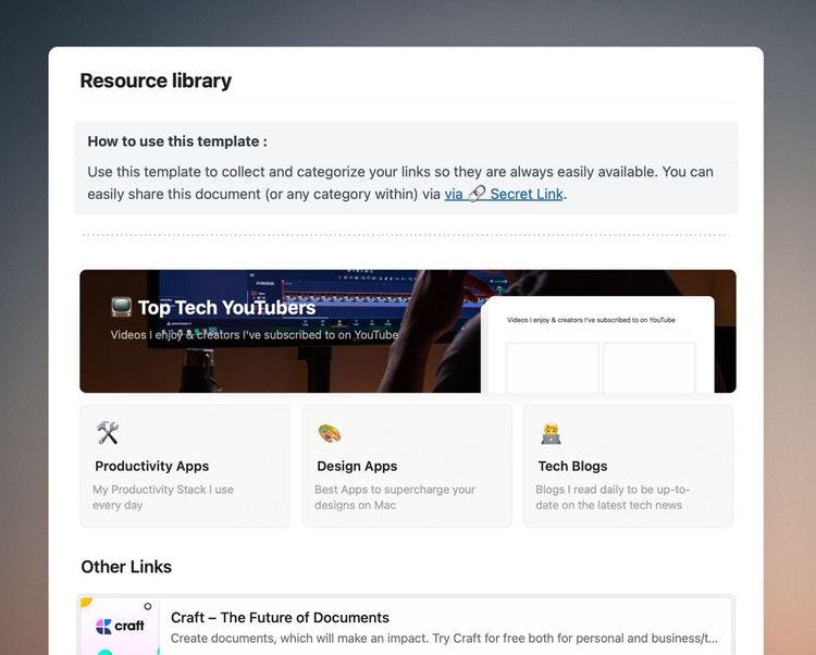 Craft Free Template: Organize your links so you can always find them when needed. Share the entire document, or only sections of it with others.