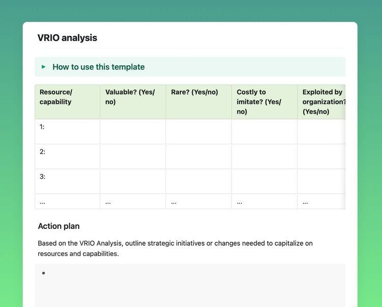 Craft Free Template: VRIO analysis in craft 