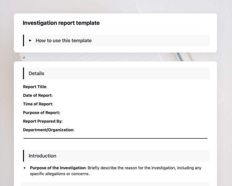 Investigation report template in Craft showing instructions.