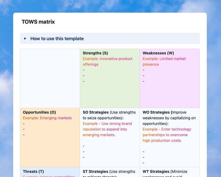 Craft Free Template: TOWS matrix in craft