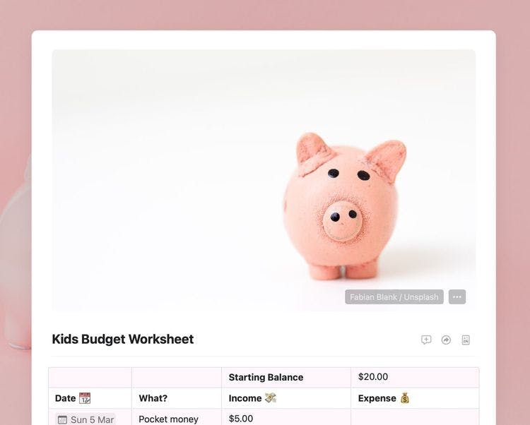 Craft Free Template: Screenshot from the kids budget worksheet