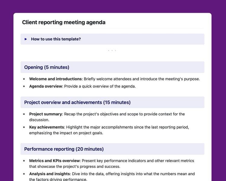 Client reporting meeting agenda template in Craft.