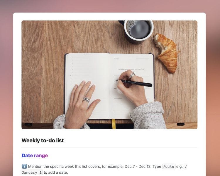 Weekly to do list template in Craft showing the date range section.