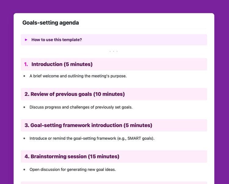 Goal-setting workshop agenda in Craft.