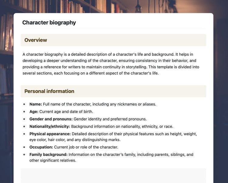 Character biography template in Craft showing an overview and personal information.