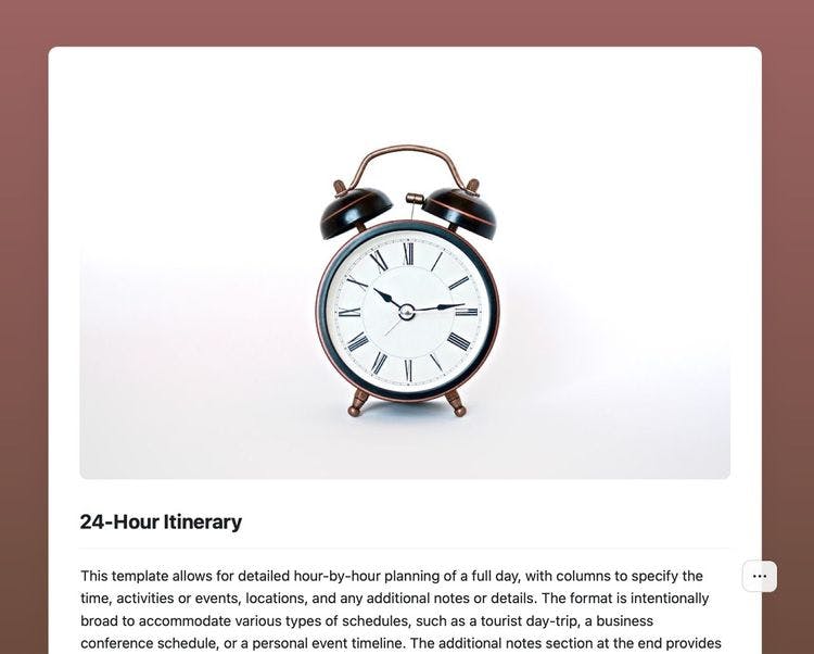 24-hour itinerary template in Craft showing instructions.