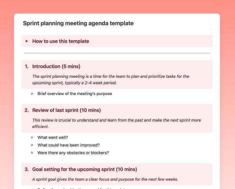 Sprint planning meeting agenda template in Craft showing instructions and introduction, review of last sprint, and goal-setting sections.