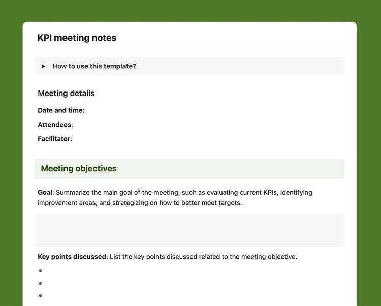 KPI meeting notes template in Craft.