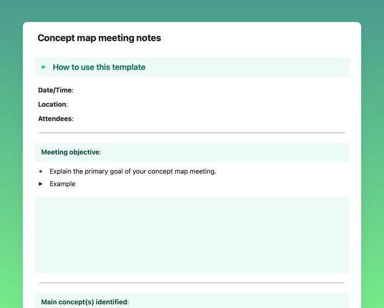 Concept map meeting notes template in Craft showing instructions, and the meeting objectives section.