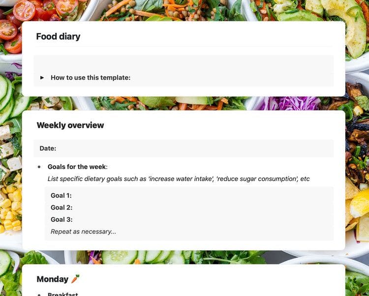 Food diary template in Craft showing instructions and weekly goals section.