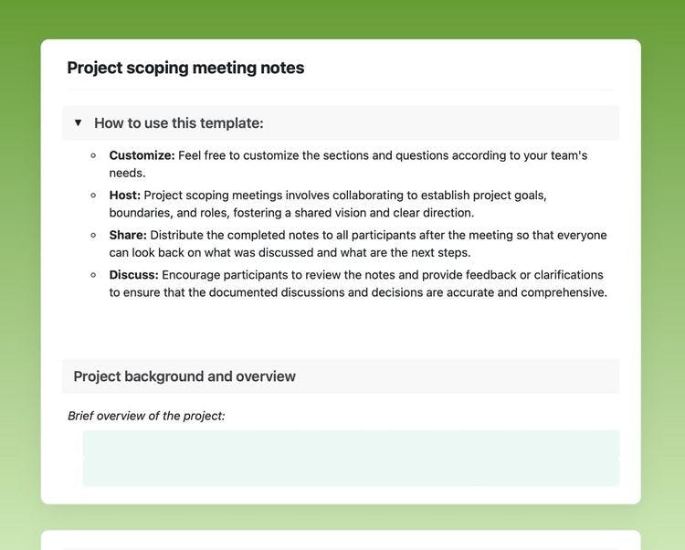 Project scoping meeting notes in Craft showing instructions, and the “project background and overview” section.