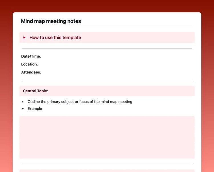 Mind map meeting notes template in Craft showing instructions, and central topic section.